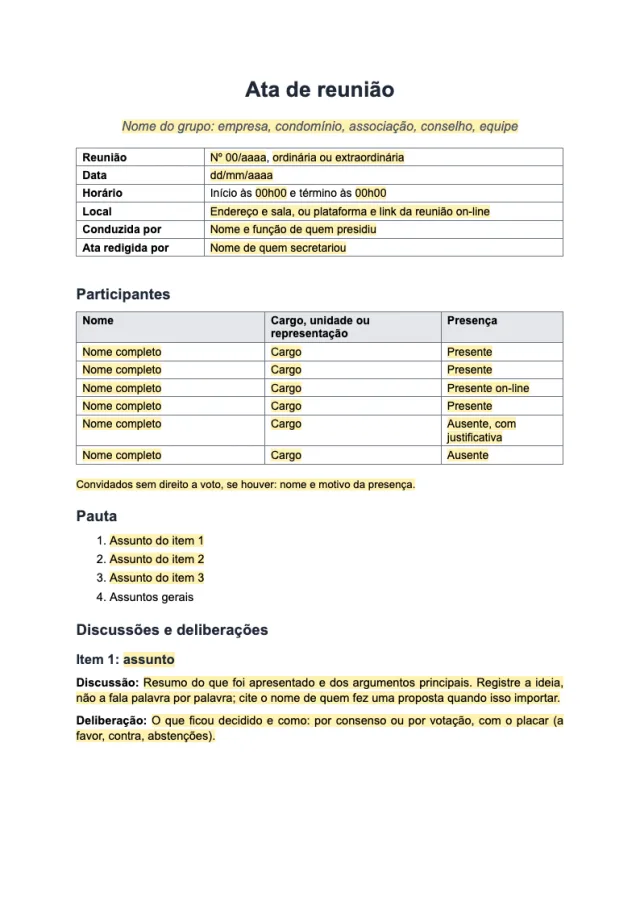 Prévia da página 1 do modelo Ata de reunião