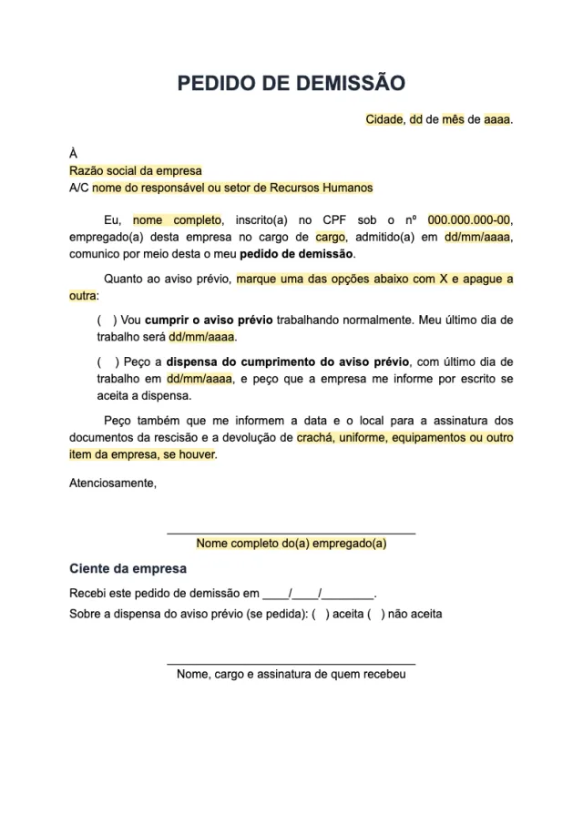 Prévia da página 1 do modelo Carta de demissão