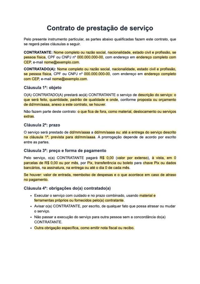 Prévia da página 1 do modelo Contrato de prestação de serviço