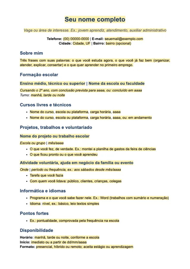 Prévia da página 1 do modelo Currículo para primeiro emprego