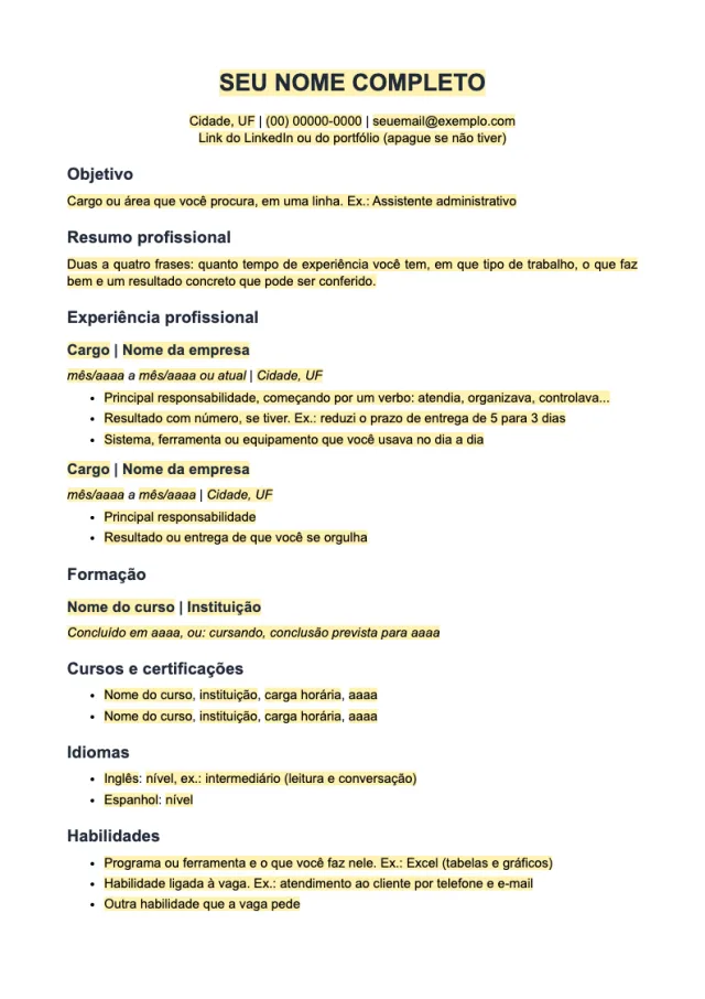 Prévia da página 1 do modelo Currículo simples