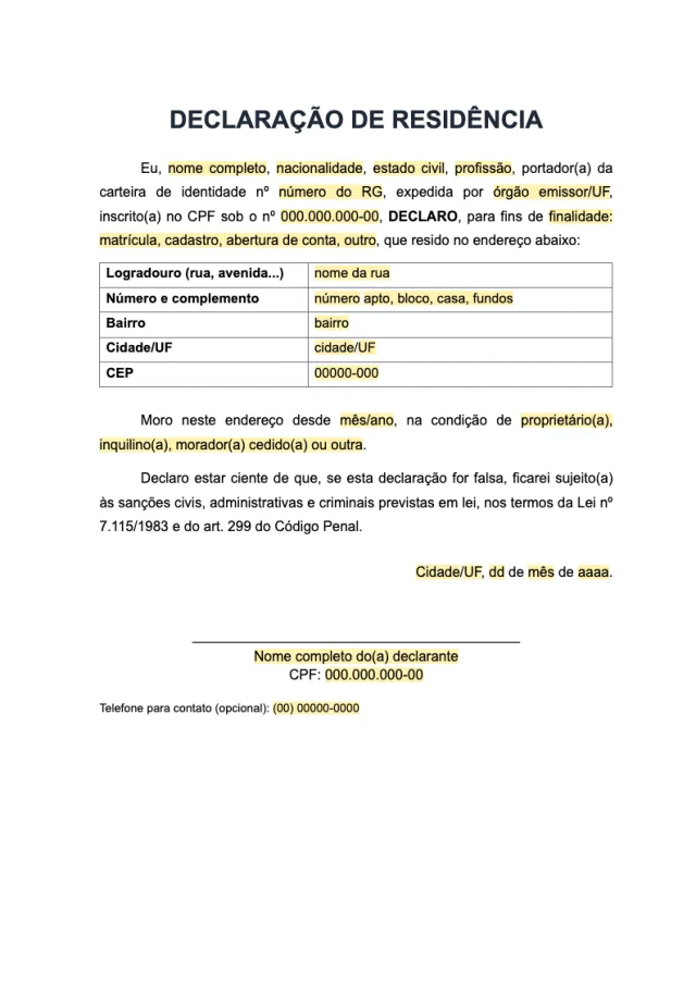 Prévia da página 1 do modelo Declaração de residência