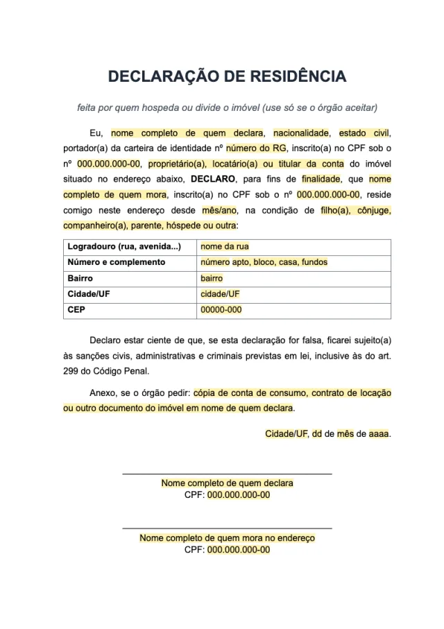 Prévia da página 2 do modelo Declaração de residência