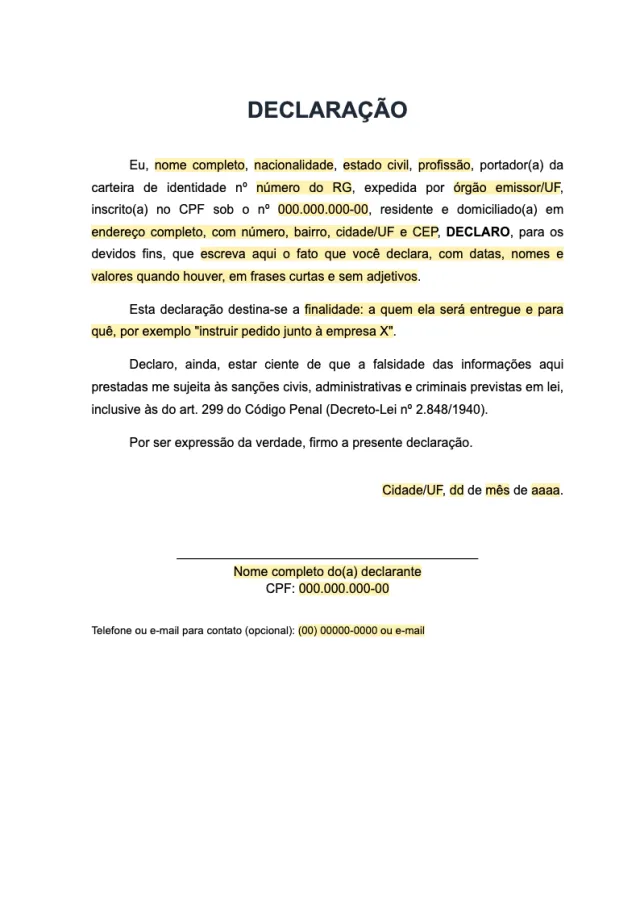 Prévia da página 1 do modelo Declaração simples