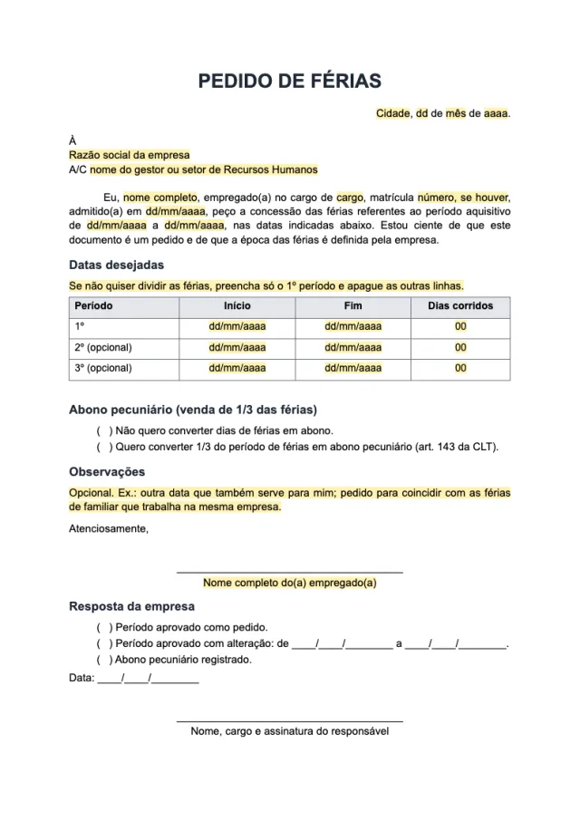 Prévia da página 1 do modelo Pedido de férias