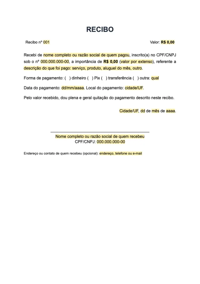 Prévia da página 1 do modelo Recibo simples