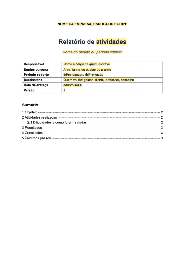 Prévia da página 1 do modelo Relatório simples